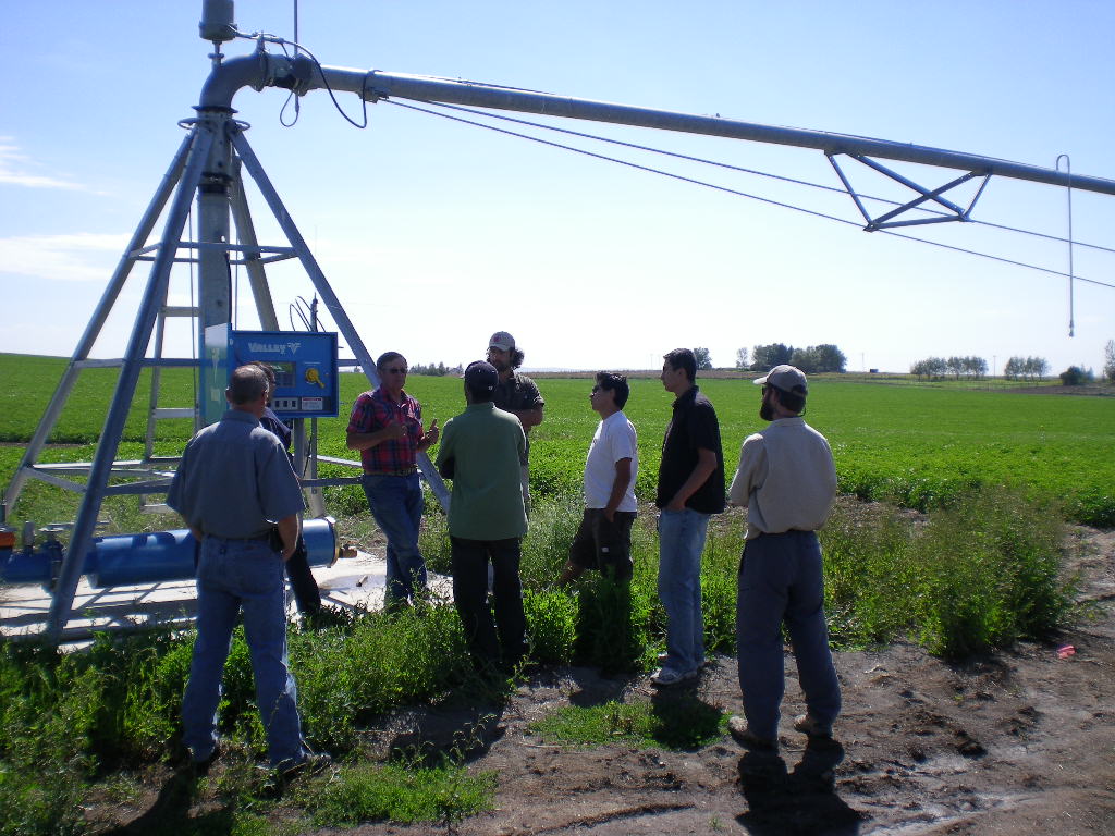 Center pivot irrigation systems for potato farming. Research group trip
